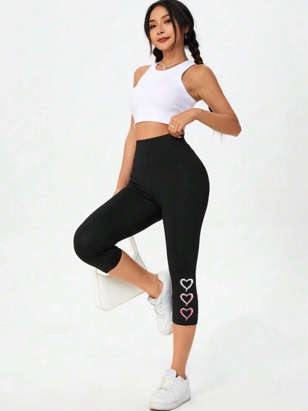 SHEIN Black Capri Leggings with Pink & White Heart Accents
